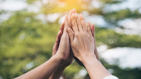 Vier Hände werden hier in die Höhe gestreckt und berühren sich für eine Gemeinschaft.