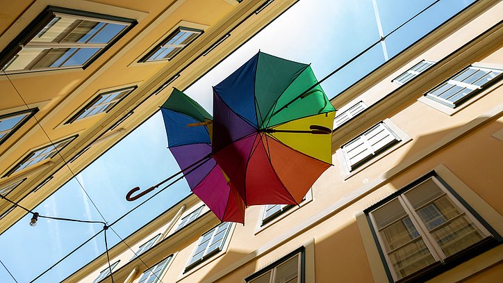 Es zeigt ein Foto mit Blick nach oben, wo zwei bunte Regenschirme aufgespannt sind und in der Luft hänngen. Links und rechts davon Häußer.